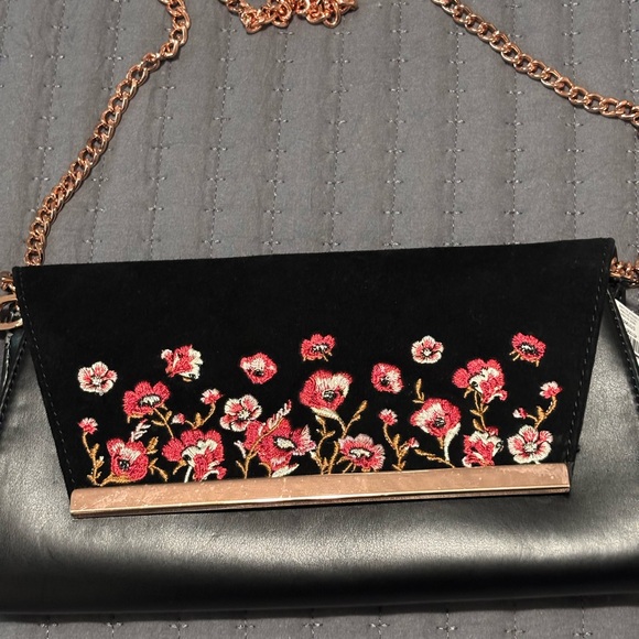 White House Black Market Black Clutch with Red Floral Embroidery - Picture 2 of 10